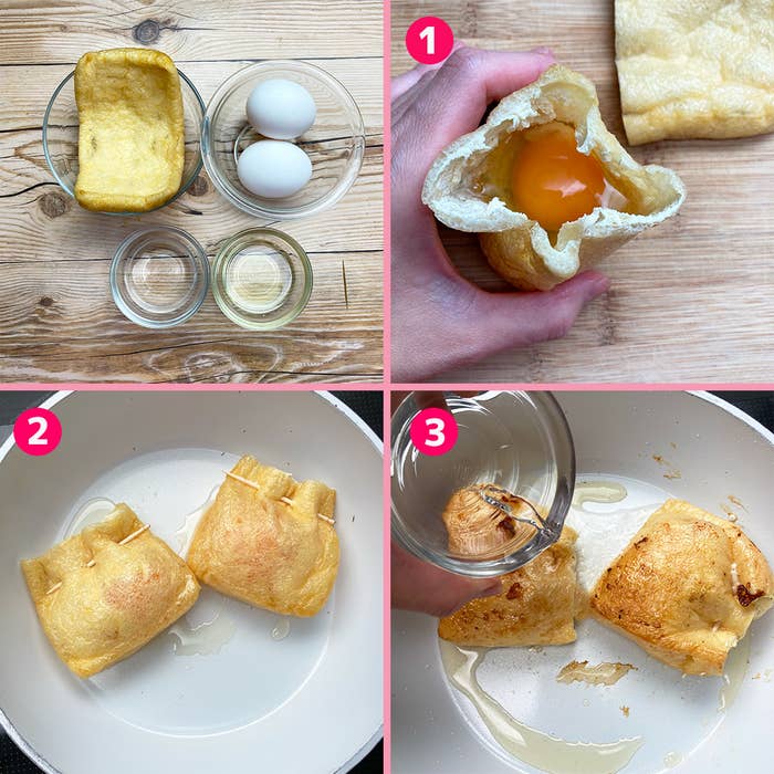 4枚の画像があり、油揚げ、卵、調味料を用いて料理をしている手順が示されている。