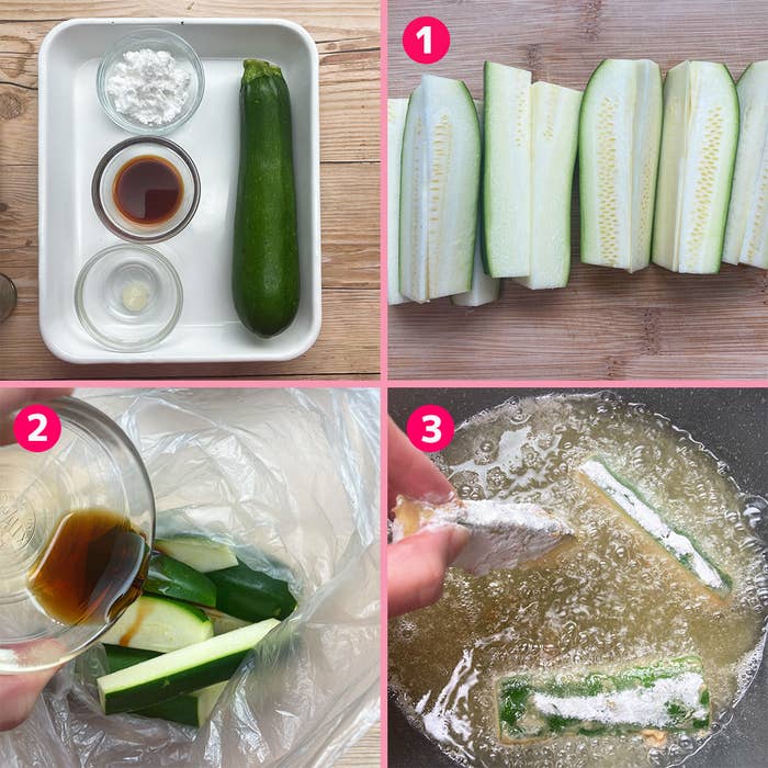 4コマ漫画(料理手順)。ズッキーニの天ぷら用で食材の準備、切り方、調味料と混ぜる、揚げる過程を示す。