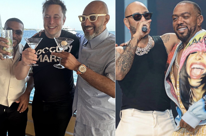 From left: Music artists Usher, Elon Musk, Kasseem "Swizz Beatz" Dean with drinks; Swizz Beatz and Timbaland performing on stage