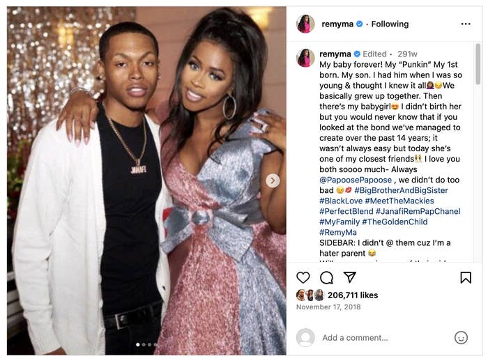 Remy Ma and son Jayson pose on Instagram. Remy Ma wears a V-neck dress, and Jayson wears a white shirt with his name necklace. Post text discusses their bond