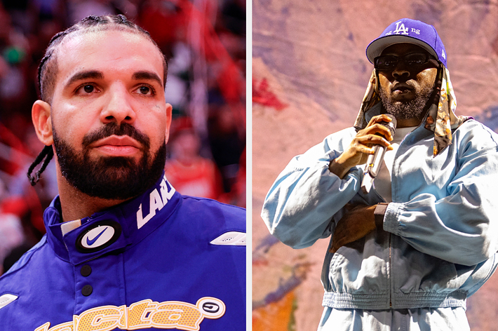 Drake and Kendrick Lamar on stage; Drake in casual athletic wear, Kendrick wearing a blue jacket and cap