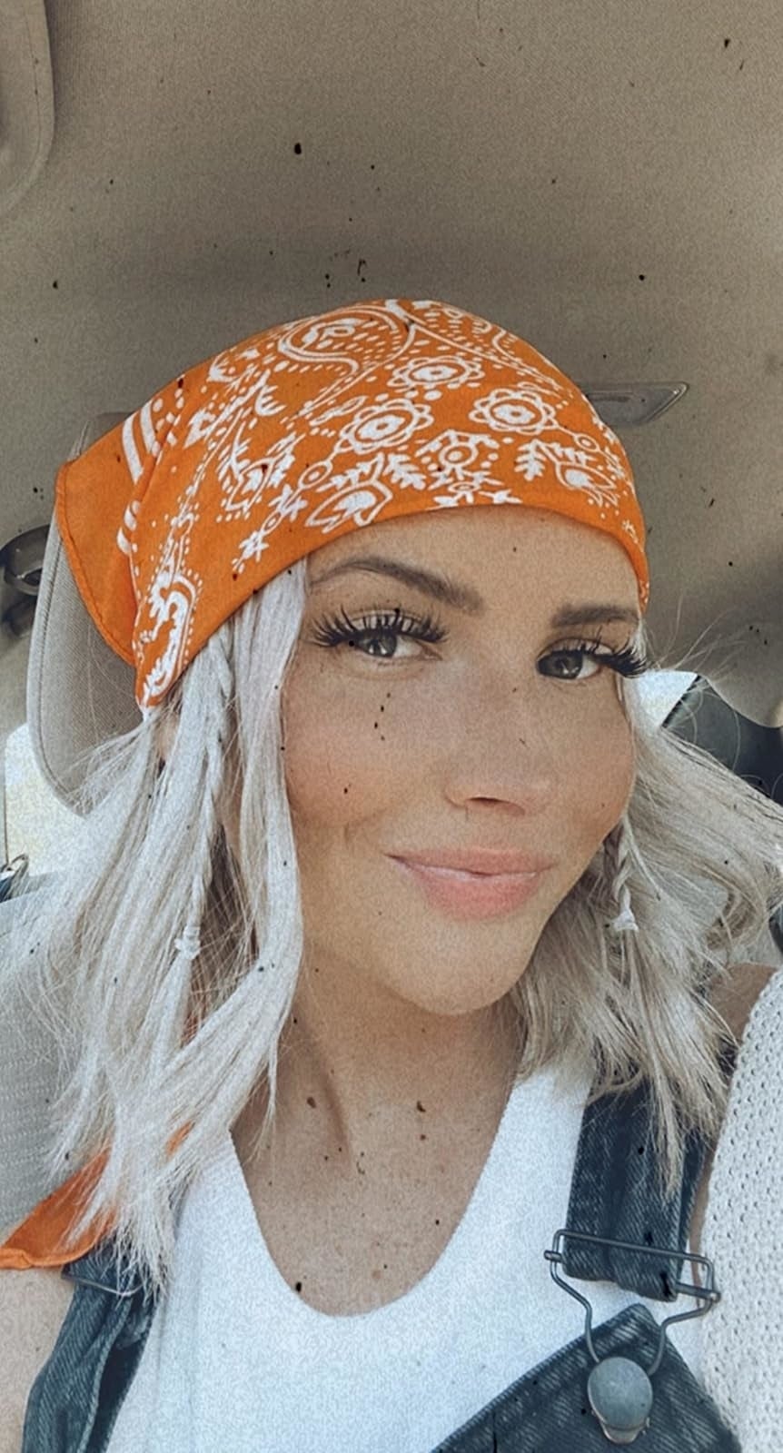 Reviewer wearing the orangish  bandana