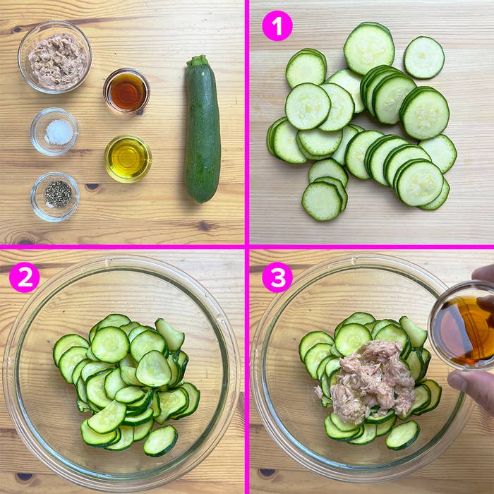 ズッキーニの簡単サラダの作り方ステップ: 1. 材料を用意。2. 材料をボウルに混ぜる。3. ドレッシングを加える。