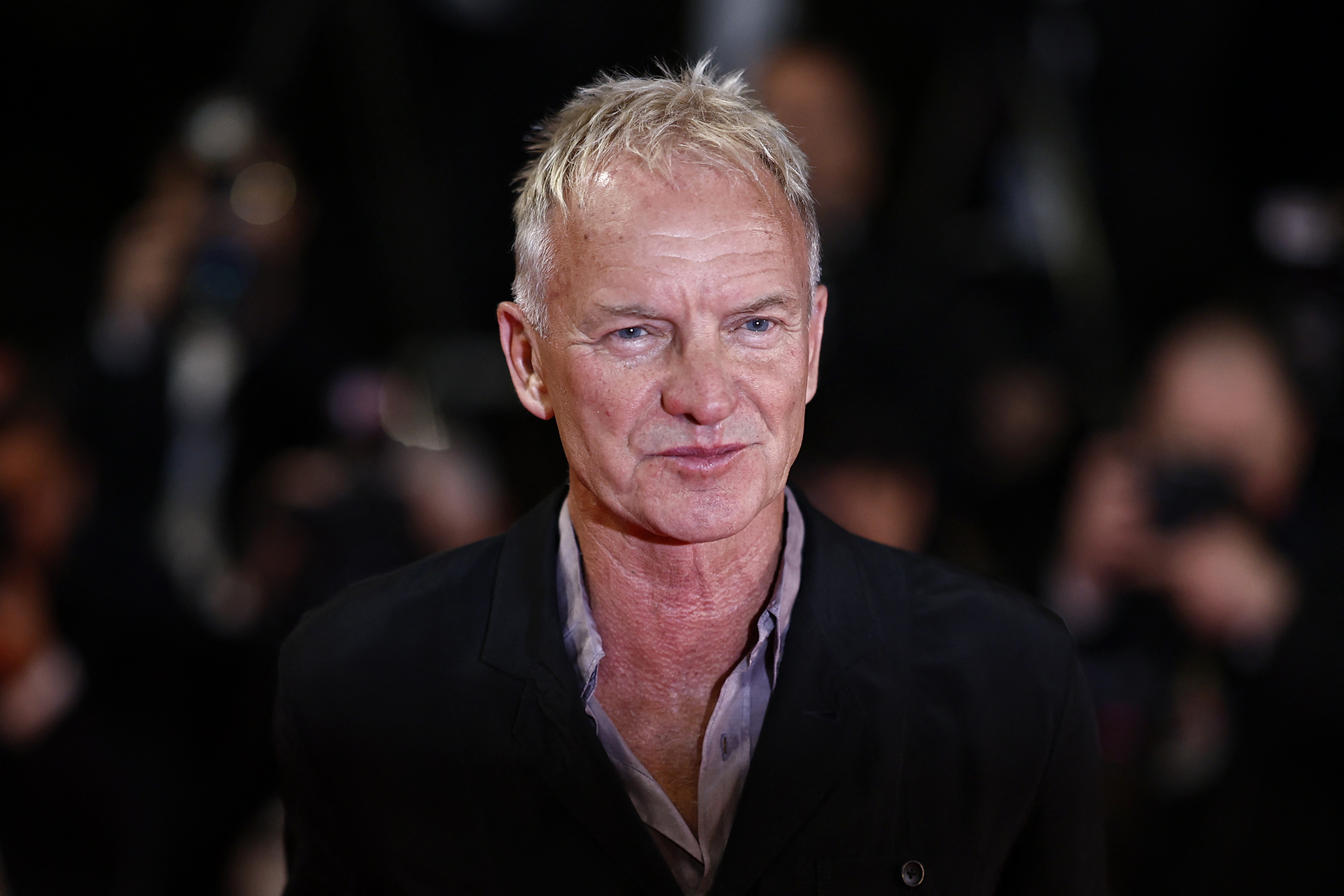 Sting poses on the red carpet in a casual grey shirt with a black jacket