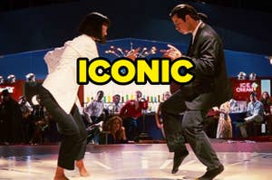 Uma Thurman and John Travolta dance at a diner in a scene from the movie Pulp Fiction. The word "ICONIC" is overlaid in large yellow letters