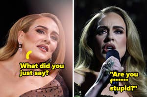 Adele looks out at the crowd while performing vs Adele speaks into a microphone onstage