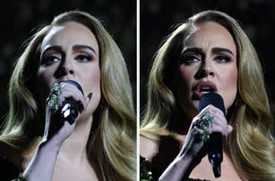 Adele holds a microphone to her lips vs Adele speaks into a microphone onstage