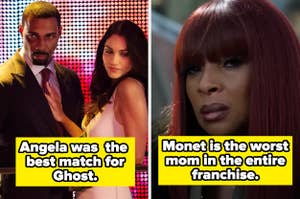 Ghost and Angela in a scene; Mary J. Blige portrays Monet, captioned "Monet is the worst mom in the entire franchise."