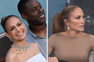 Jennifer Lopez in a strapless gown with necklace on the red carpet with Sterling K. Brown; Lopez in a beige top at an indoor event