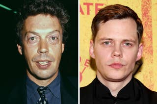 Tim Curry and Bill Skarsgård are shown side by side in this photo. Tim Curry is wearing a suit and tie, while Bill Skarsgård is dressed in a black suit