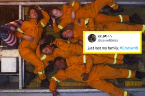 The cast of "Station 19" in orange uniforms lying on the floor in a group scene with a tweet overlay reading, "just lost my family. #Station19."