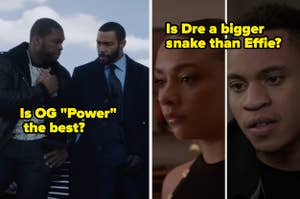 From "Power" TV show: Left to right: Curtis "50 Cent" Jackson and Omari Hardwick in a conversation, Alix Lapri looking serious, Rotimi in deep thought. Text: "Is OG 'Power' the best?" "Is Dre a bigger snake than Effie?"