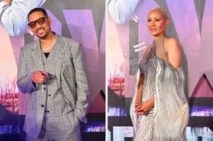 Will Smith in a gray suit and Jada Pinkett Smith in a patterned dress on the red carpet