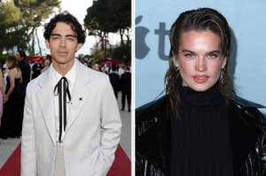 Joe Jonas in a suit on a red carpet vs Stormi Bree in a turtleneck and leather jacket