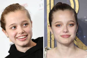 Two side-by-side images of Shiloh Jolie-Pitt. The left image shows Shiloh smiling in casual clothing. The right image shows Shiloh in a formal outfit with minimal makeup