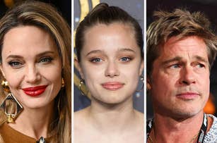 Angelina Jolie, Shiloh Jolie-Pitt, and Brad Pitt close-up, smiling
