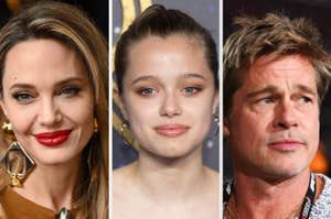 Angelina Jolie, Shiloh Jolie-Pitt, and Brad Pitt close-up, smiling