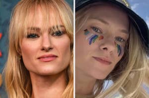 Malin Akerman in a close-up red carpet image on the left, and a casual outdoor selfie with rainbow stickers under her eyes on the right