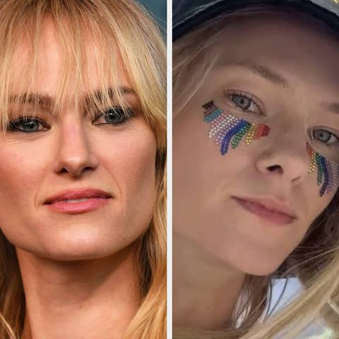 Malin Akerman in a close-up red carpet image on the left, and a casual outdoor selfie with rainbow stickers under her eyes on the right