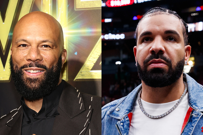 Common and Drake at a public event; Common is in a suit with a black shirt, and Drake is wearing a denim jacket over a hoodie with a necklace