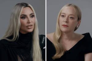 Kim Kardashian and Chloë Sevigny are shown in side-by-side portraits. Kim wears a black outfit with a high collar, while Chloë wears a black dress with bare shoulders