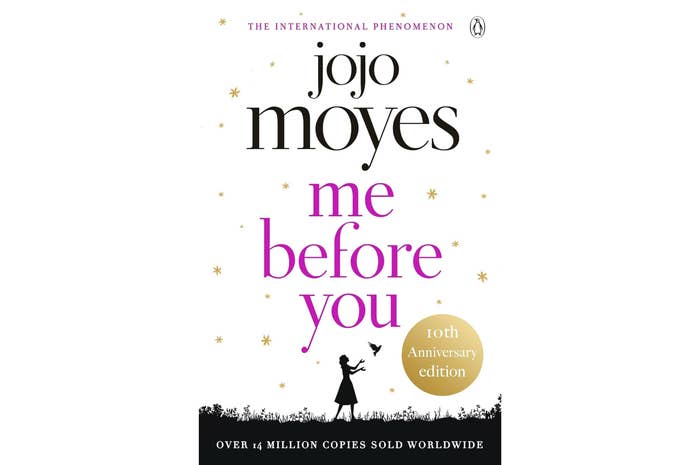 Cover of the book &quot;Me Before You&quot; by Jojo Moyes, commemorating its 10th anniversary edition, with a silhouette of a woman and a bird on the bottom
