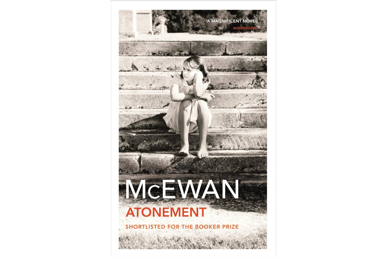A book cover of &quot;Atonement&quot; by McEwan, showing a young girl sitting on stairs with text: &quot;A magnificent novel&quot; and &quot;Shortlisted for the Booker Prize&quot;