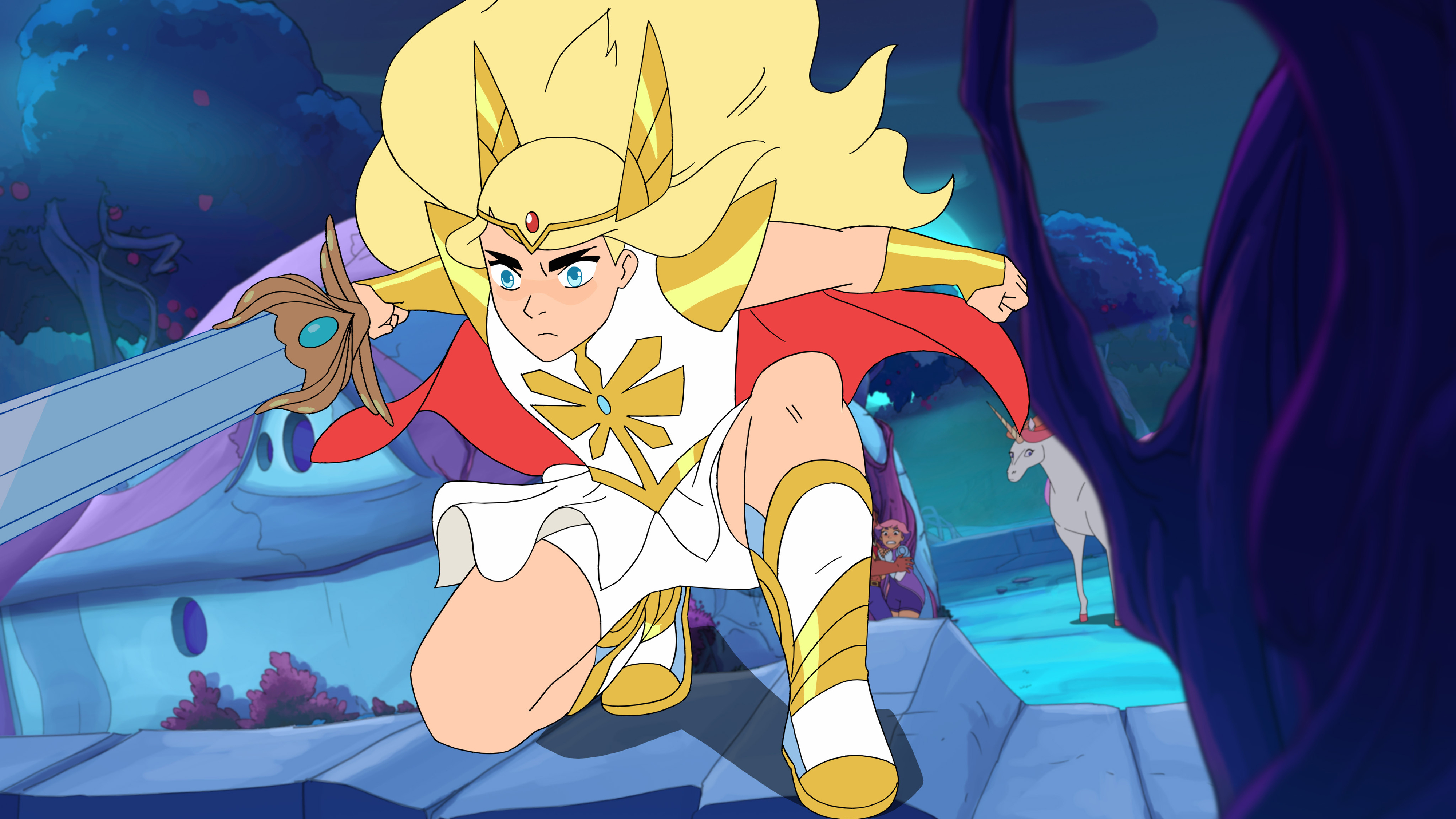 She-Ra, an animated character, with a sword, white and gold outfit, and red cape, is shown in an action pose in a fantasy setting