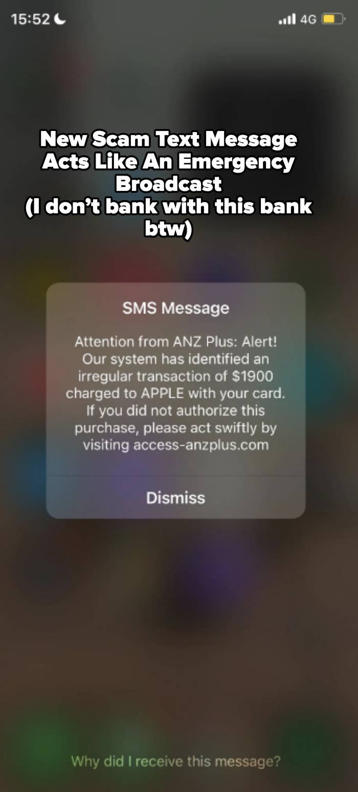 A phone screen showing an SMS alert about an irregular $1900 transaction charged to Apple with an ANZ Plus card. Suggests visiting a website if unauthorized