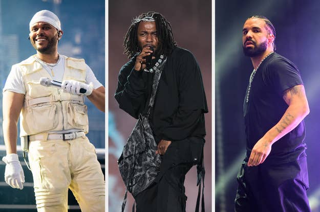 From left to right: The Weeknd holding a mic in a white outfit, Kendrick Lamar performing in black attire, and Drake onstage in a black T-shirt