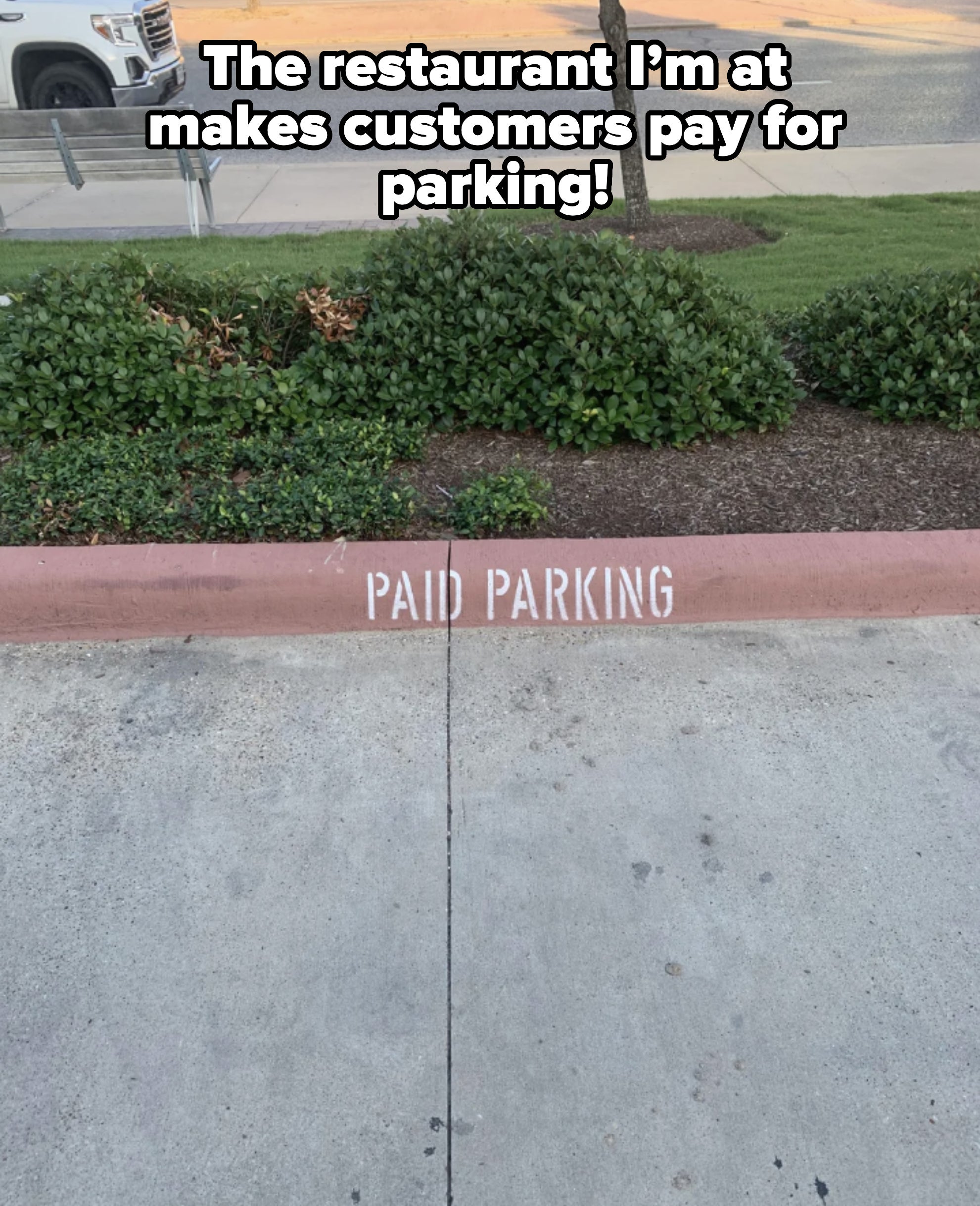 Curbside with the words "PAID PARKING" painted on the sidewalk, near shrubs and a parked white vehicle