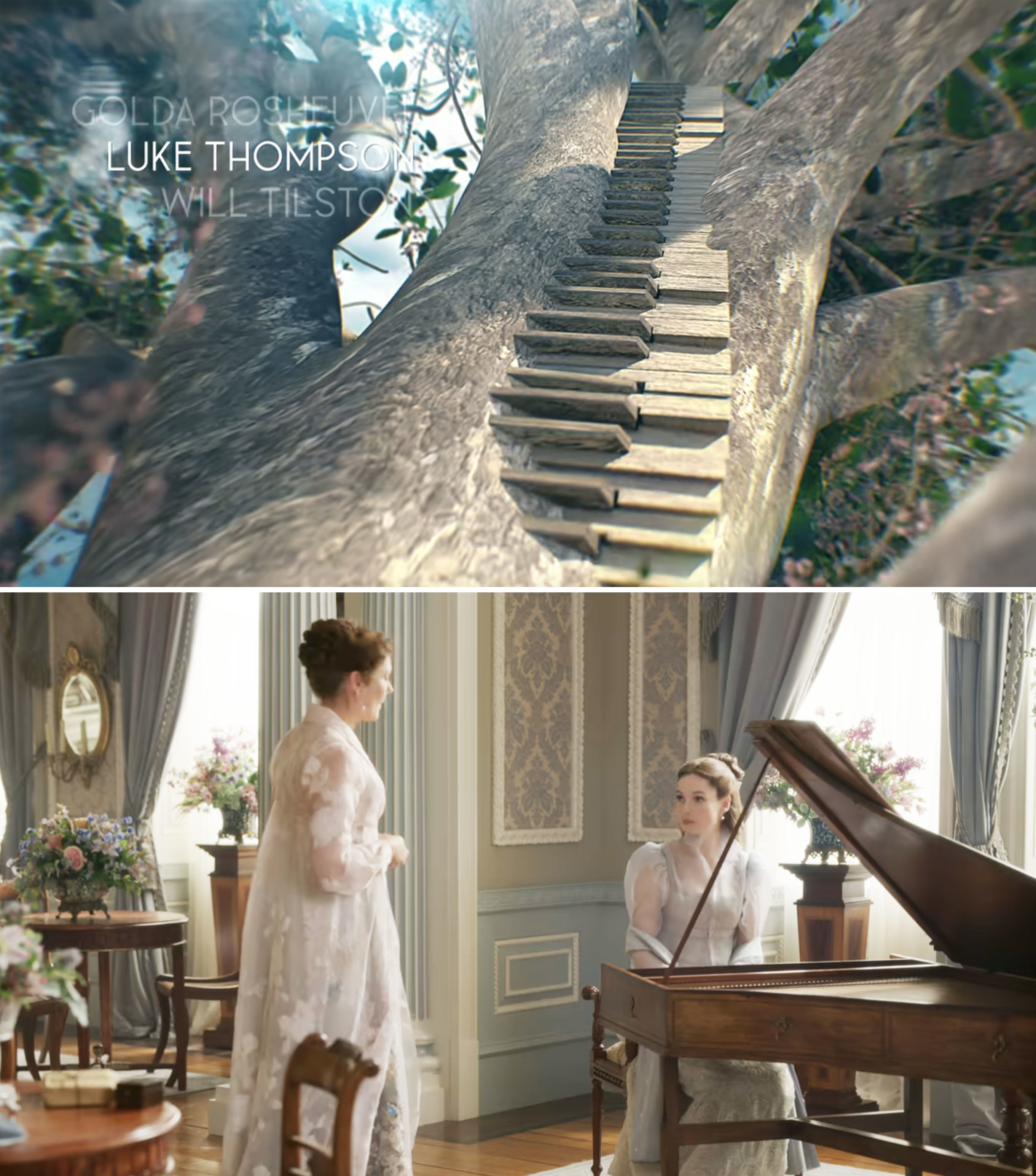 The upper image shows piano keys on a tree. The lower image features Francesca sitting at the piano as she listens to her mother Violet