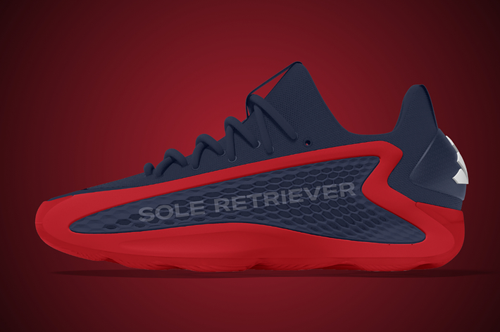 Side view of a sneaker with "Sole Retriever" text on the side. The shoe features a sleek, modern design with a textured pattern and prominent lacing