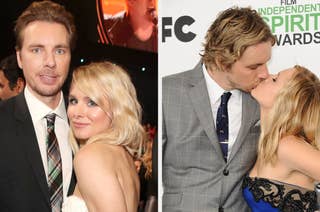 Dax Shepard and Kristen Bell pose together. On the left, they embrace, and on the right, they share a kiss at an event