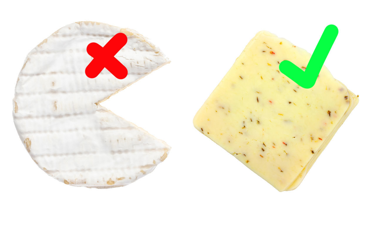 Left: Circular cheese with a red 'X' mark, missing a slice. Right: Square cheese slice with herbs, green check mark