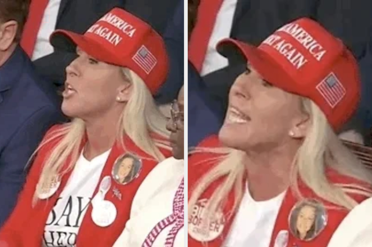 Two images of a woman wearing a "Make America Great Again" hat and a T-shirt with political messages