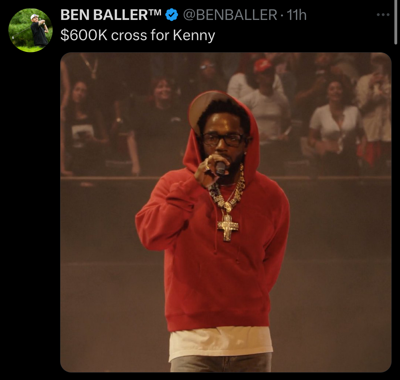 Ben Baller on stage wearing a red hoodie, holding a microphone, with a caption that reads &quot;$600K cross for Kenny.&quot;