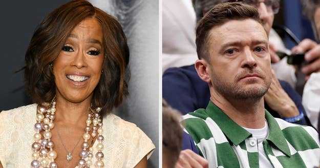Gayle King smiles in a pearl necklace and lacy dress, while Justin Timberlake wears a striped polo shirt at a public event