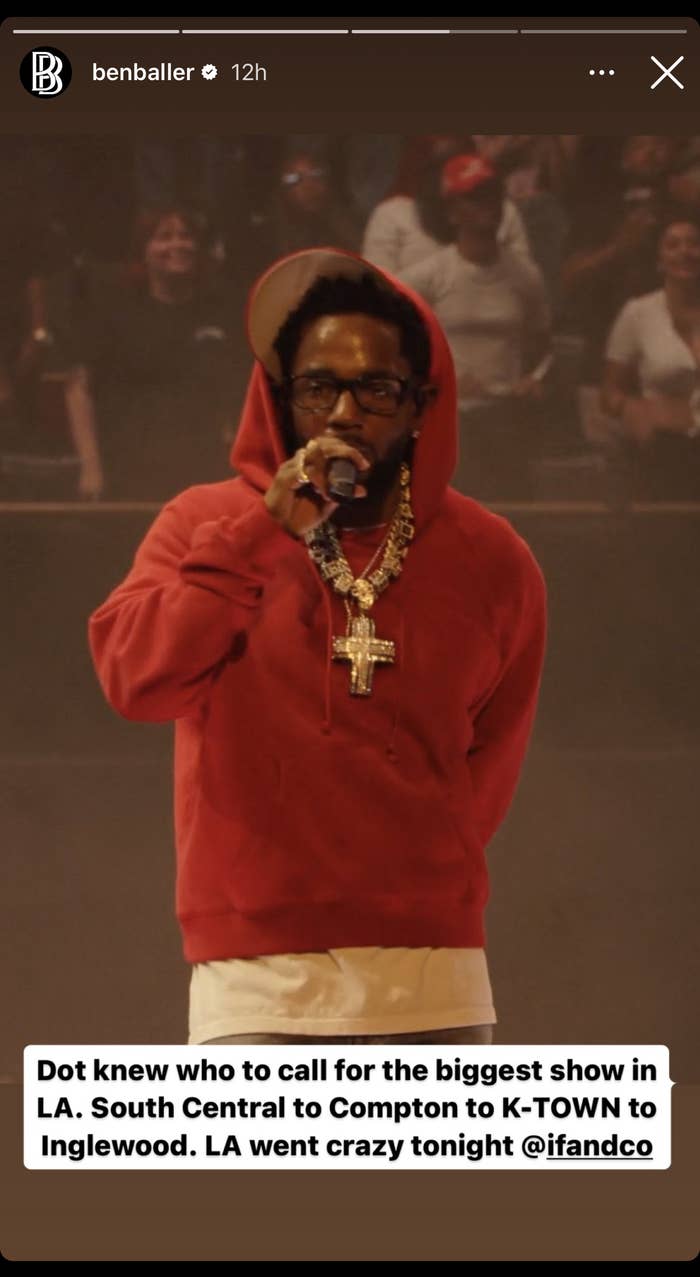Man in red hoodie and gold chains on stage, holding a microphone. The caption mentions a big show in LA from South Central to Inglewood