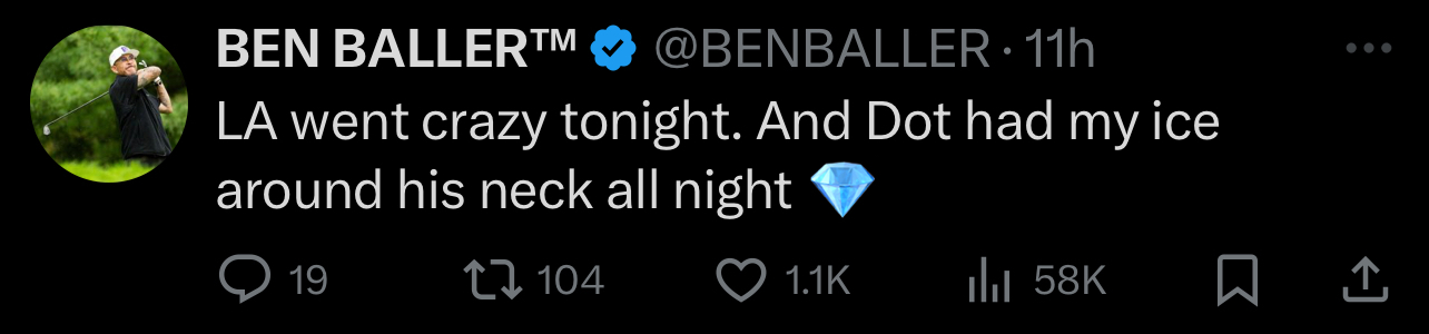 Tweet from Ben Baller: &quot;LA went crazy tonight. And Dot had my ice around his neck all night ?&quot;