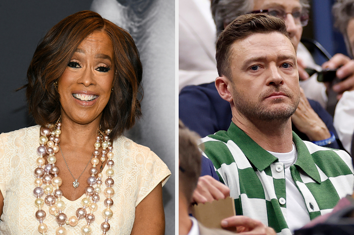 Gayle King is wearing a short-sleeve dress with a large pearl necklace. Justin Timberlake is wearing a green and white striped polo shirt