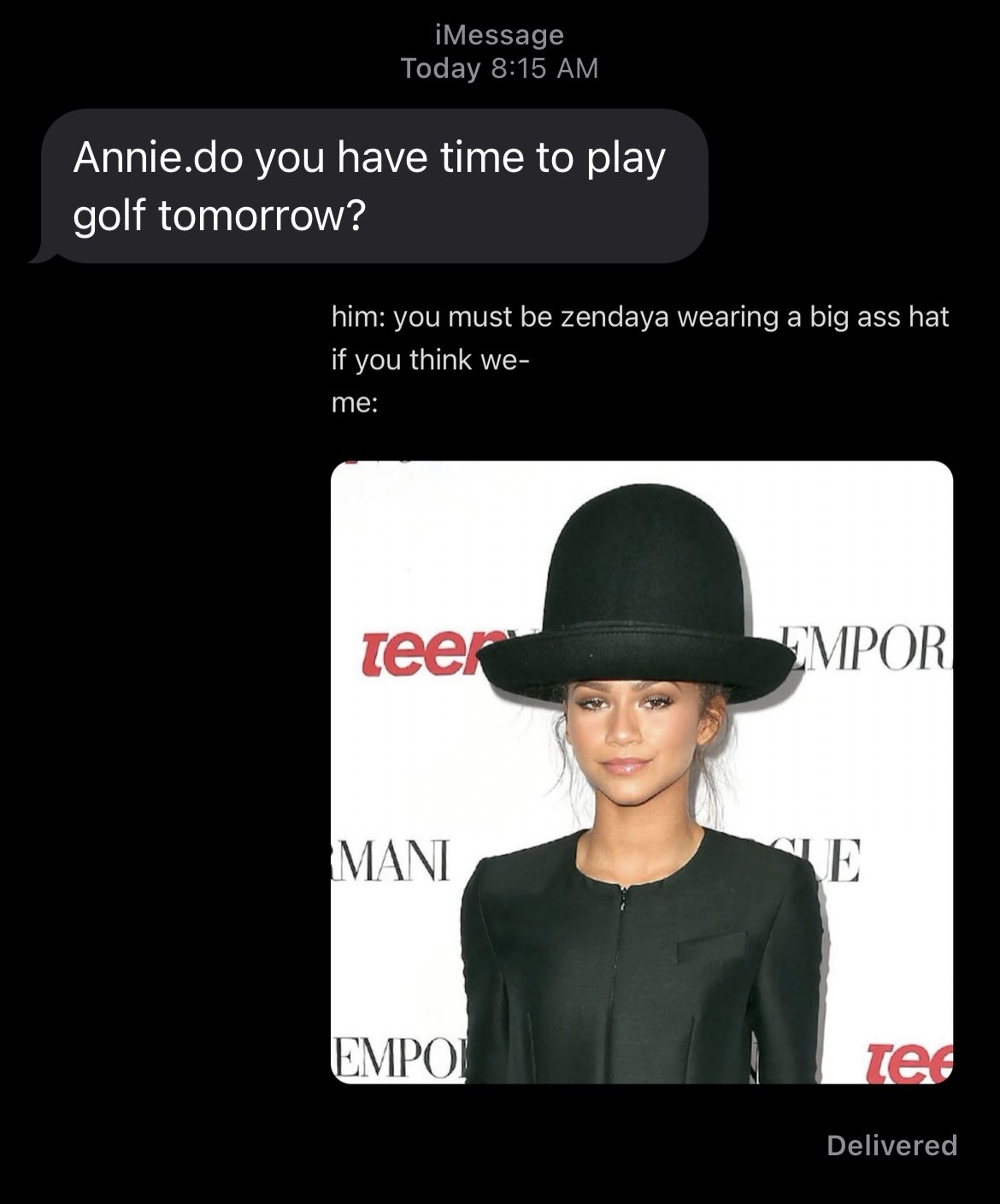 Text message conversation and an image of Zendaya wearing a large hat. Message: &quot;Annie, do you have time to play golf tomorrow?&quot;