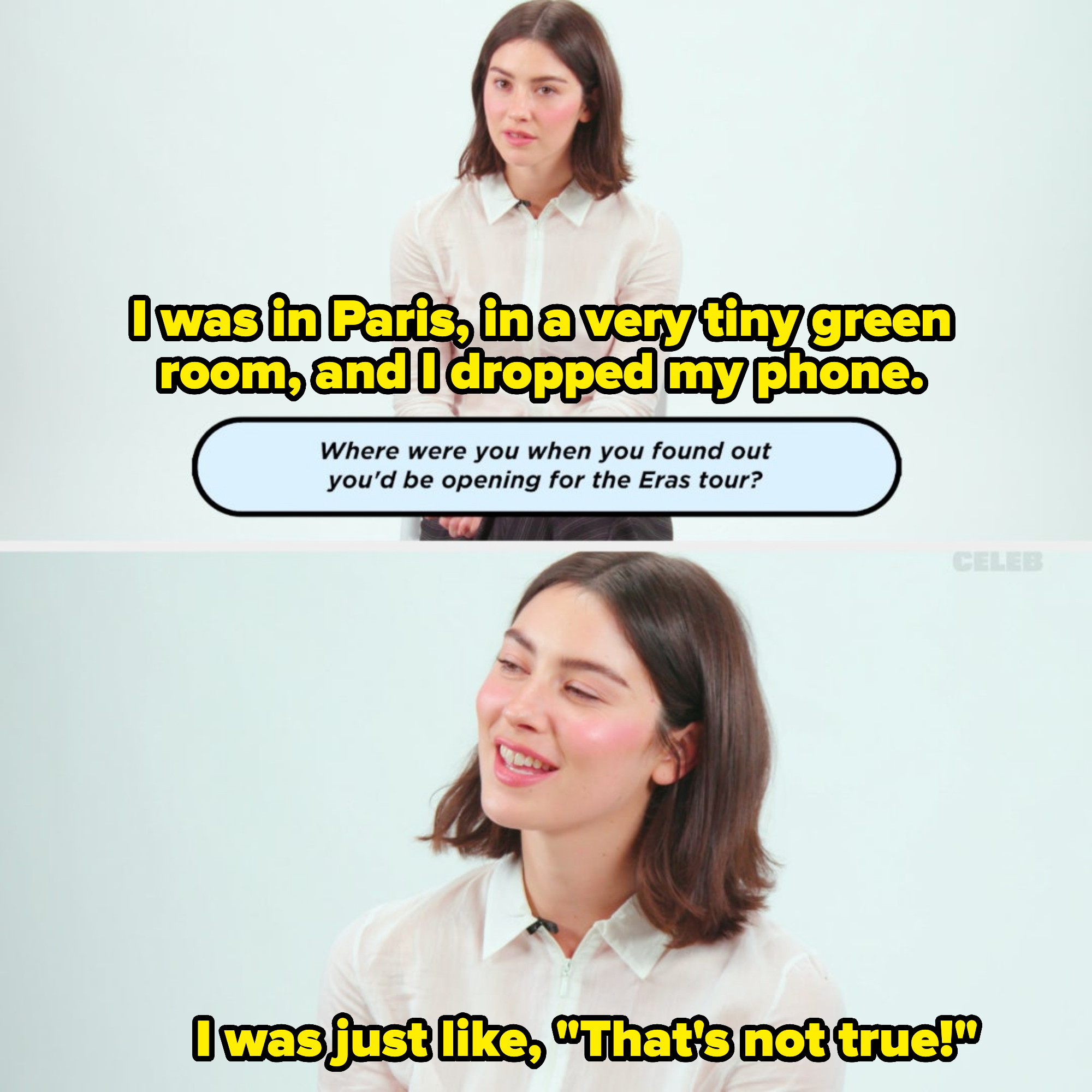 Clairo in a casual outfit sitting and answering a question: "Where were you when you found out you'd be opening for the Eras tour?"