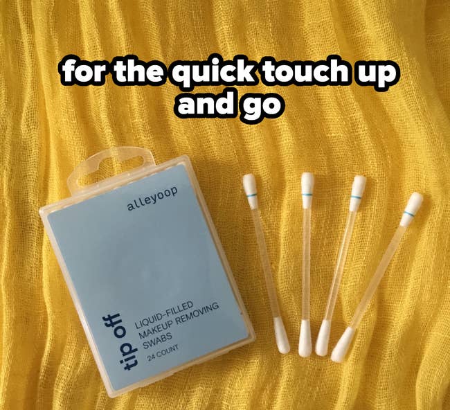 Alleyoop Tip Off liquid-filled makeup removing swabs and four swabs laid out on a surface