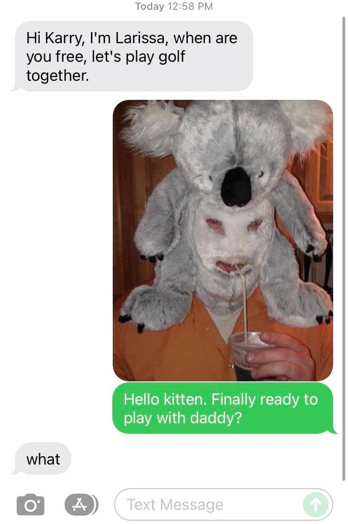 Text messages shown. Larissa invites Karry to play golf. Karry replies with a photo of himself wearing a koala hat, sipping a drink, and asks if she is ready to play with &quot;daddy.&quot; Larissa responds with &quot;what.&quot;