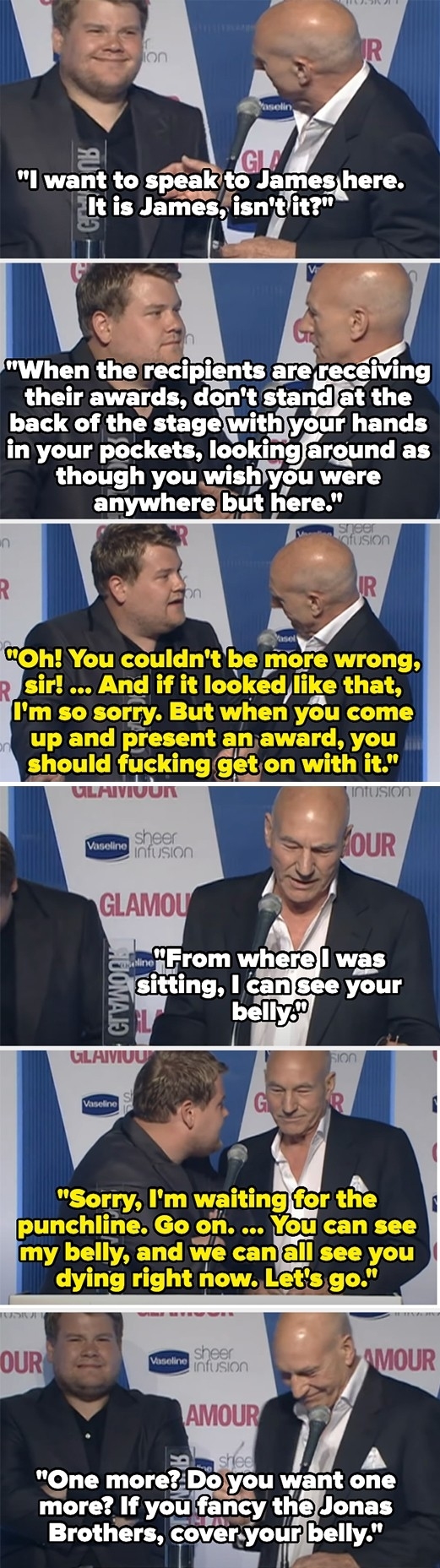 Three men exchange words scripted from a comedy skit at a Glamour event