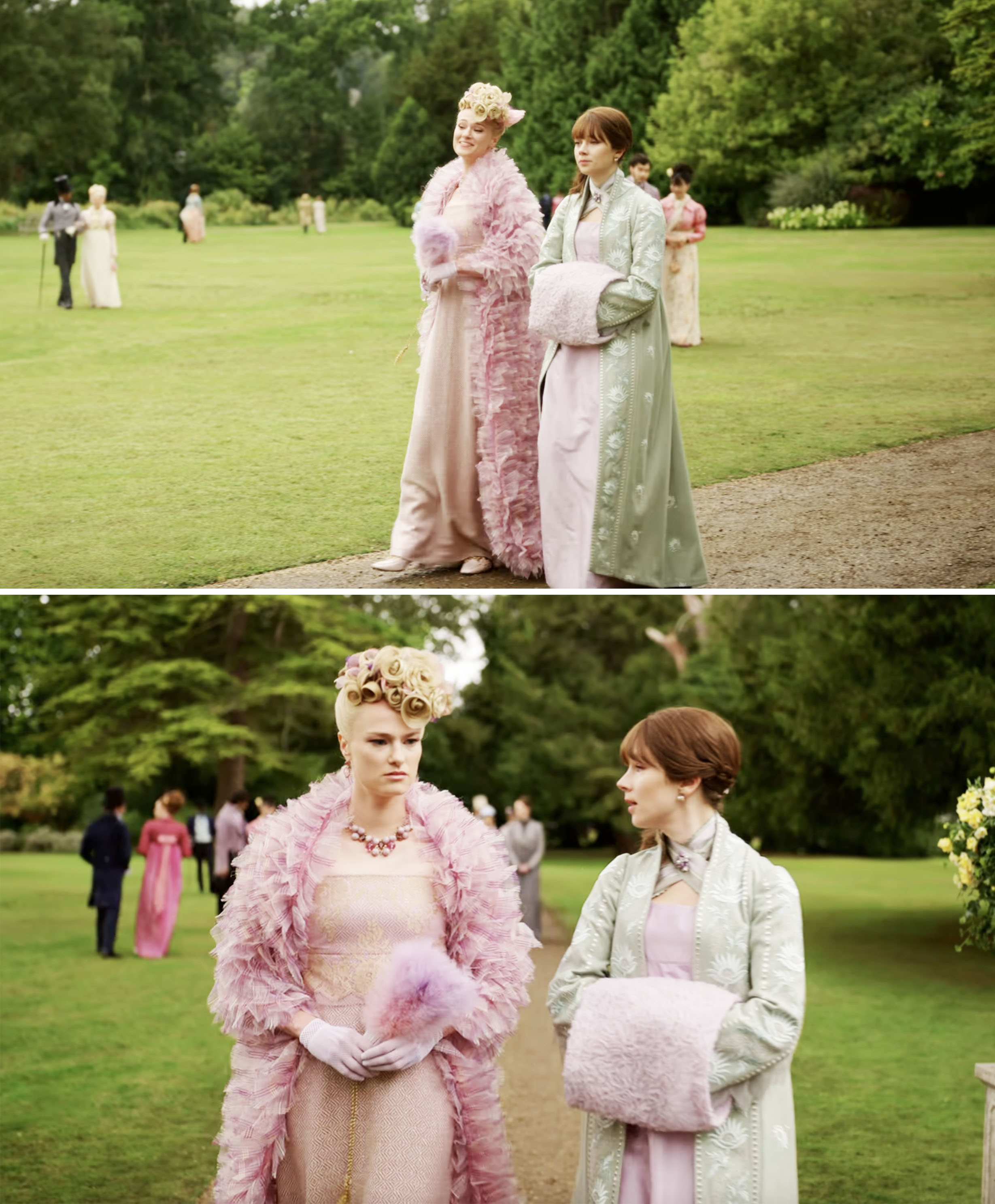 Cressida and Eloise from &quot;Bridgerton&quot; are strolling on a garden path, wearing elegant pastel-colored period dresses