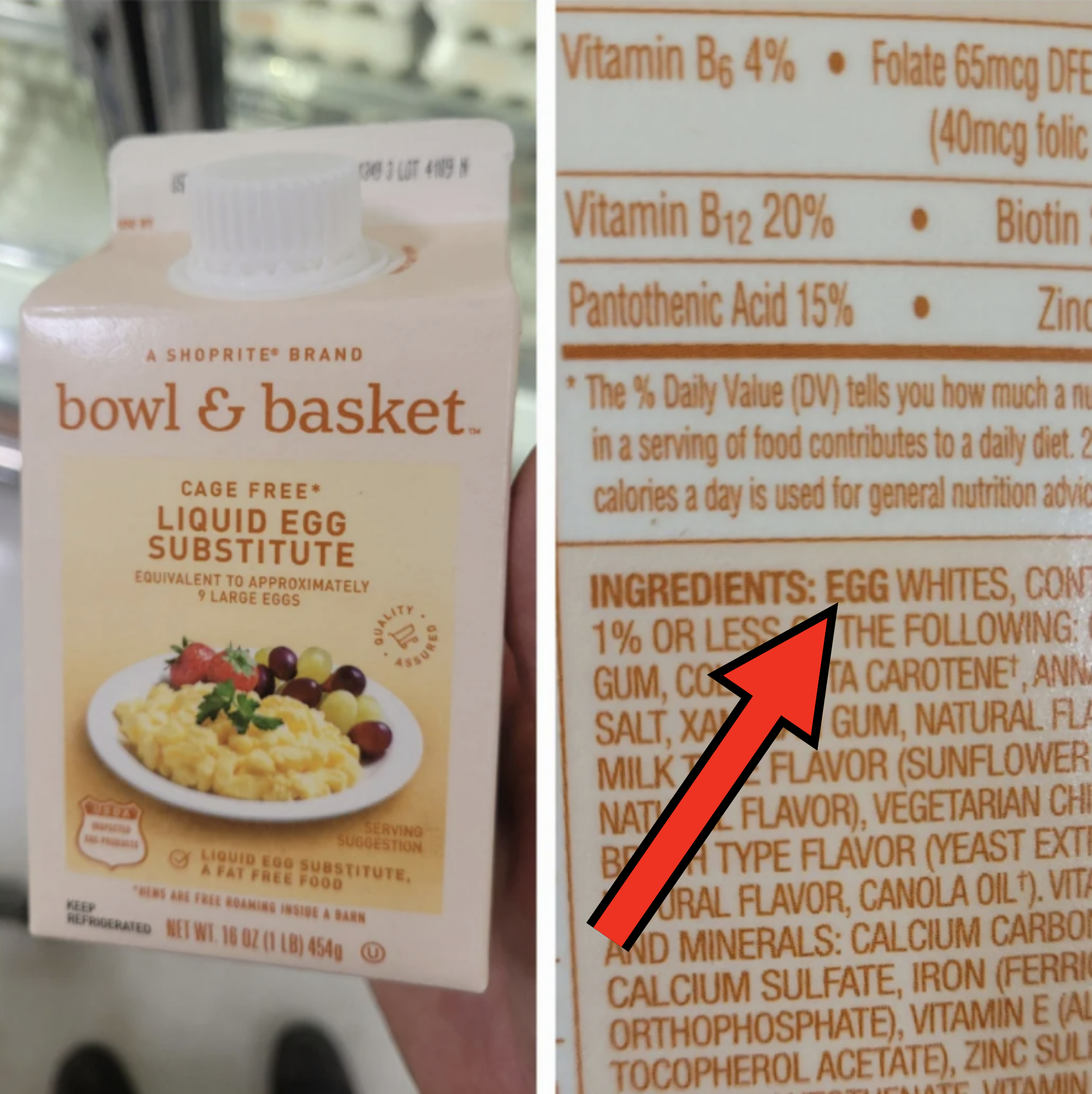 A carton of Bowl & Basket liquid egg substitute and its nutrition label. The label includes vitamins and ingredients such as egg whites, sunflower oil, and flavorings