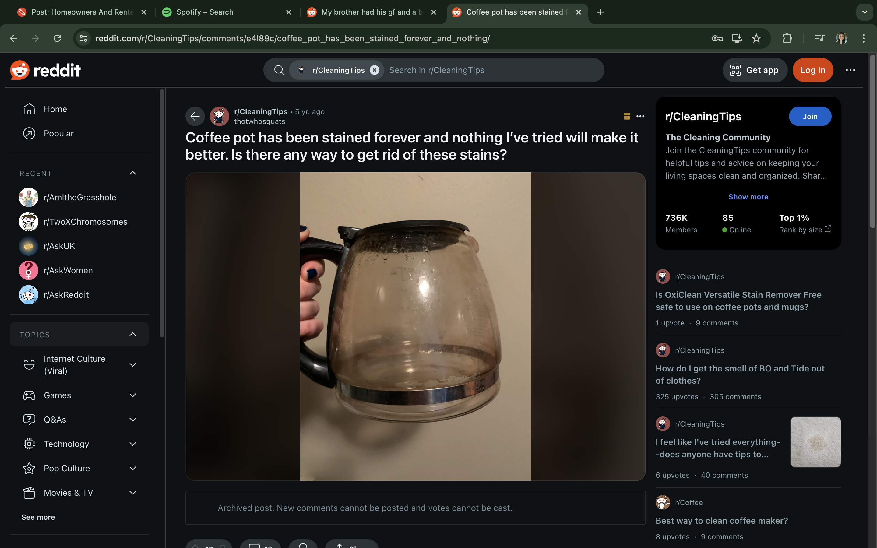 A Reddit user asks for advice on cleaning a stained coffee pot in the CleaningTips subreddit. Commenters provide various tips and solutions
