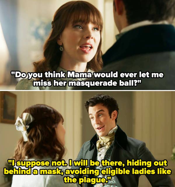 Benedict and Eloise chatting about the masquerade ball